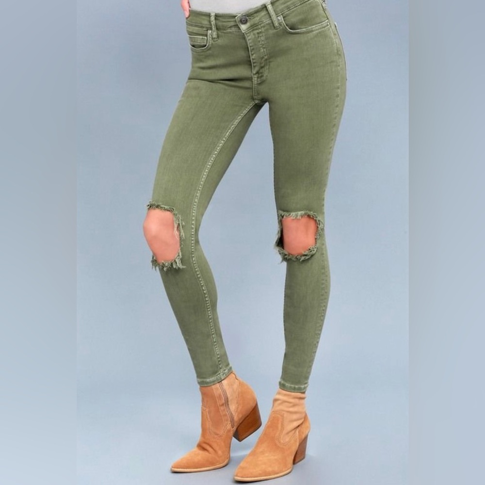 Free People Jeans W 27 Busted Knee Olive Green Distressed Skinny